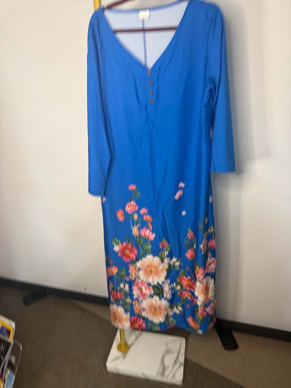 Floral Print V-Neck Long Sleeve Dress Blue 2XL